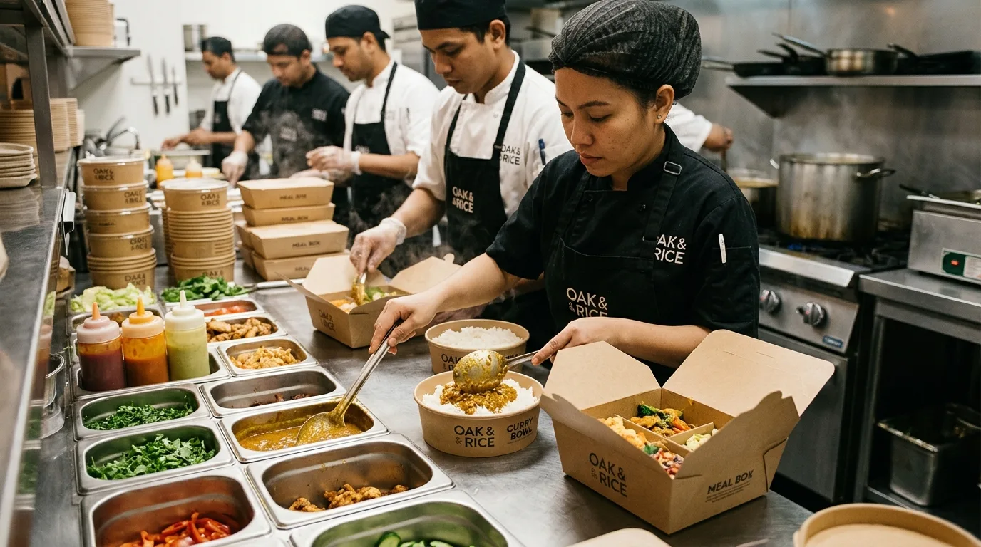Kitchen team packing catering orders for delivery
